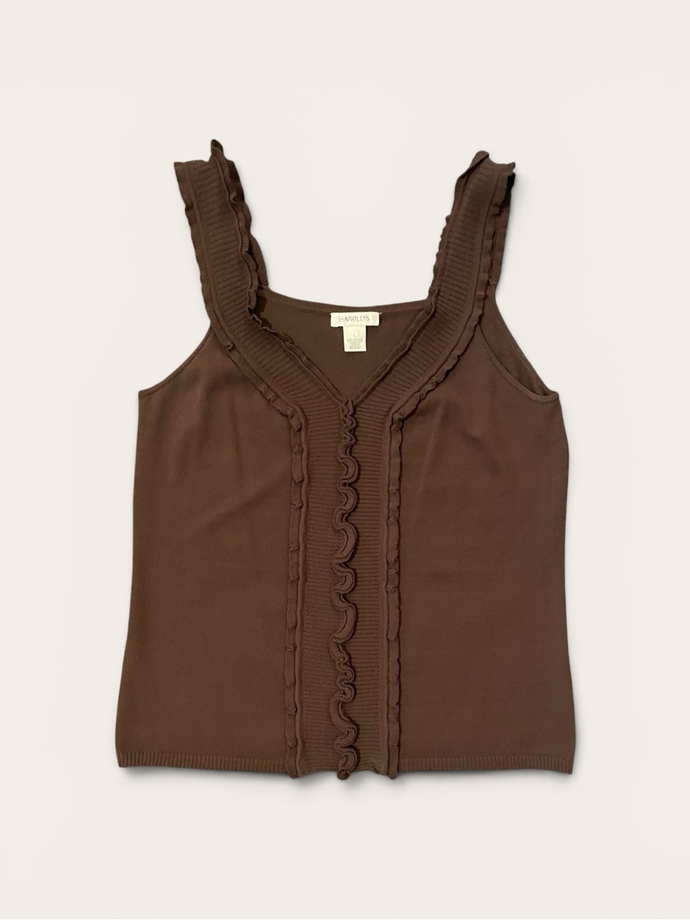 #143, Harold’s, Vintage Chocolate Brown Ruffle-Trim Knit Camisole, size L